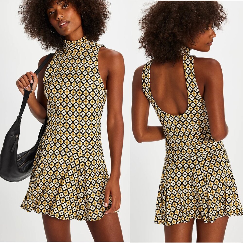 NEW Free People Check It Mini Dress Black Combo Geo Floral Gold Beige Cream